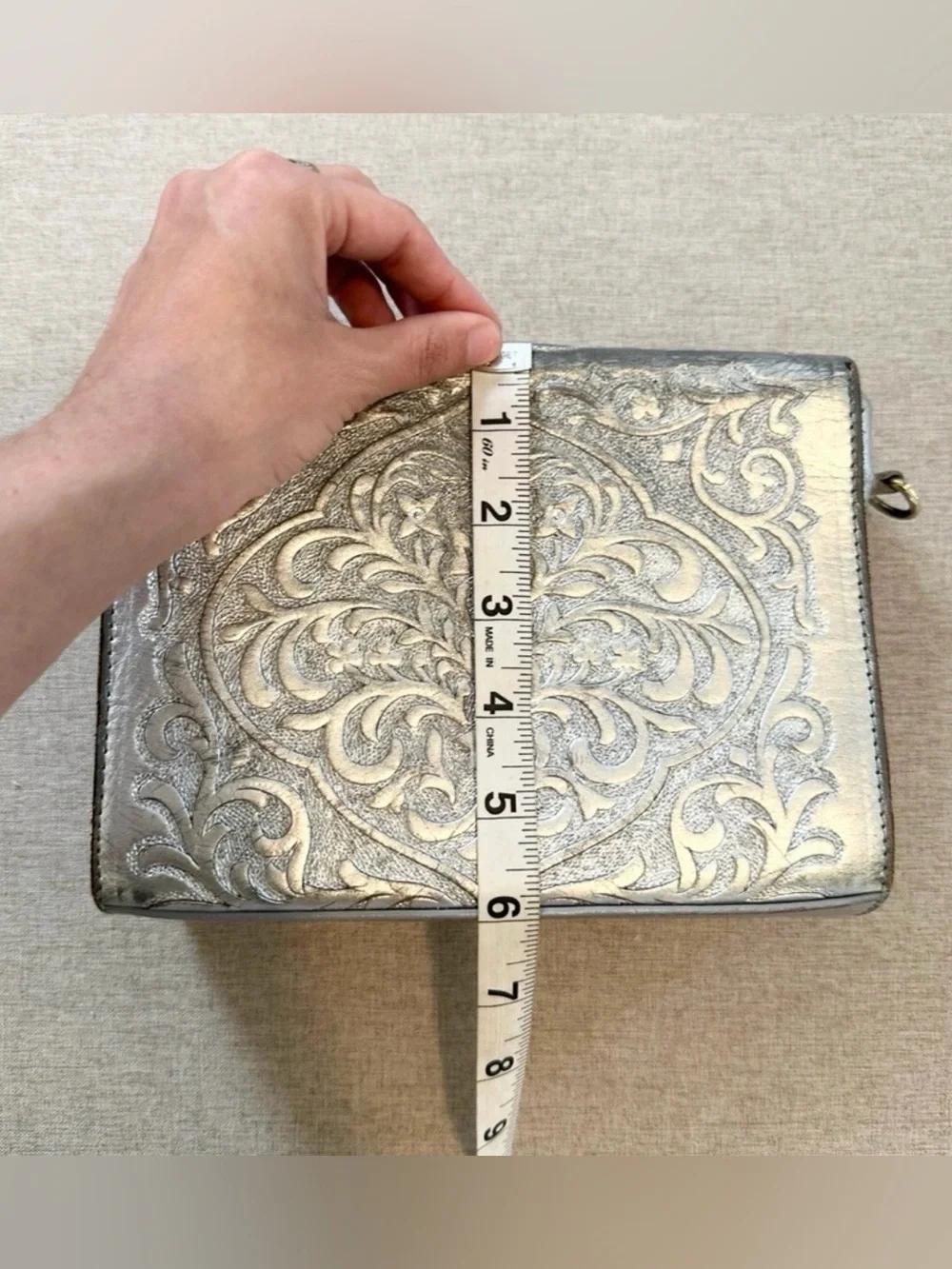 Carolina Crowley Chiseled Tooled Leather Silver Clutch Purse